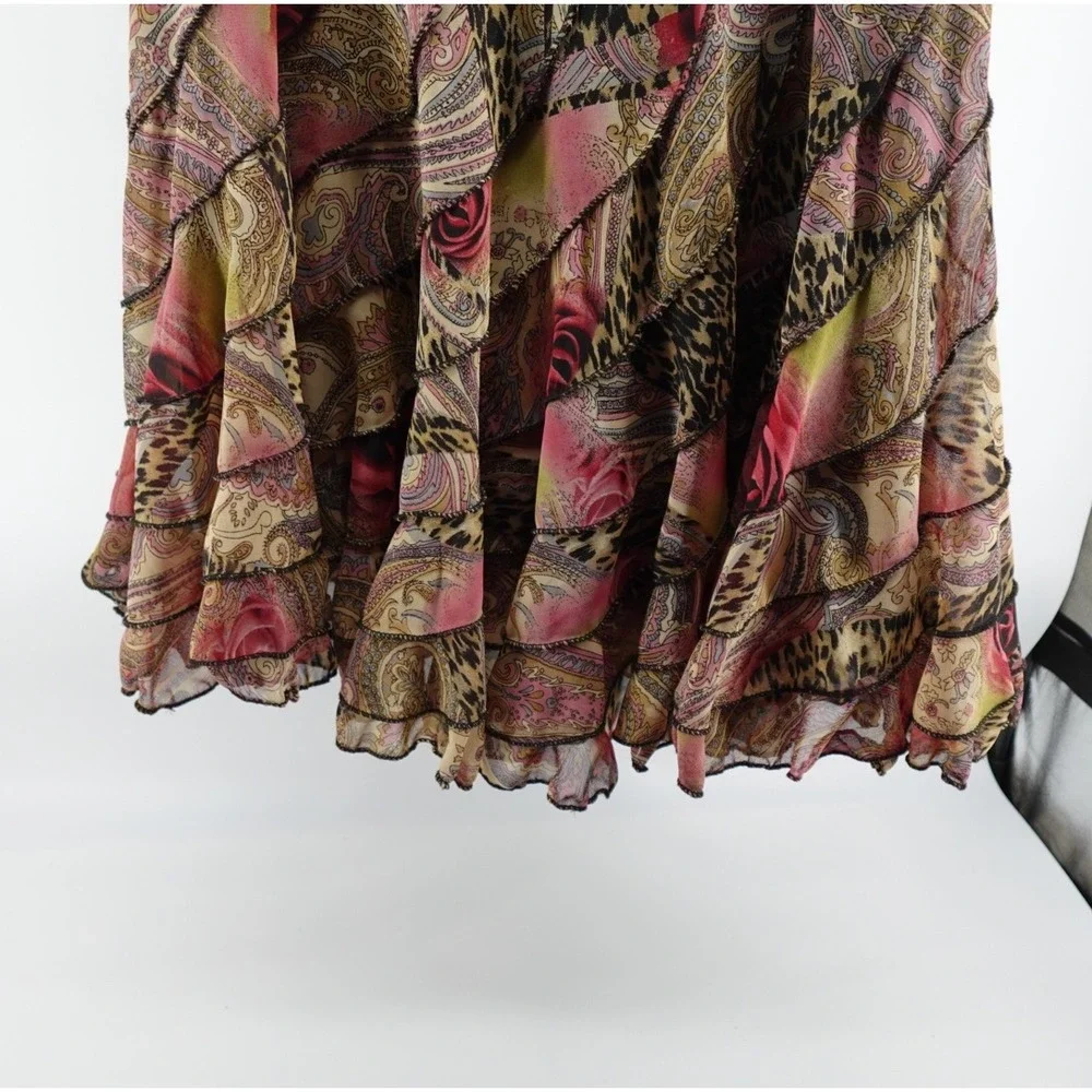 Tease Mixed Print Tiered‎ Midi Skirt Floral Paisley Leopard Boho Pink Large